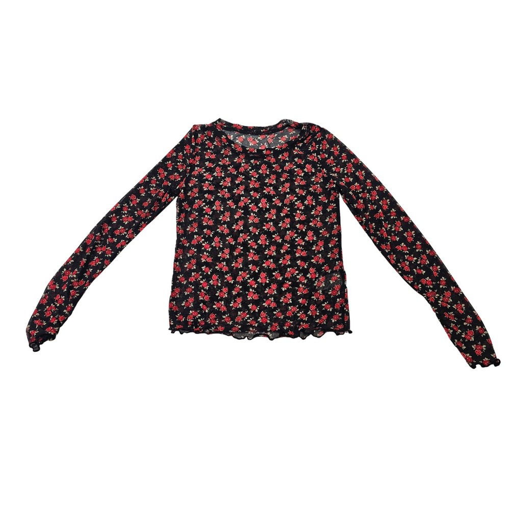 Y2K Style Sheer Black Red Floral Mesh Long Sleeve Lettuce‎ Trim Top Size XS Rose
